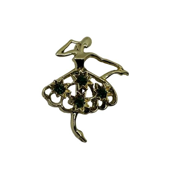 Gerrys Jewelry - GERRYS Vintage Ballerina Gold Tone Brooch Pin Dancer Green Rhinestones